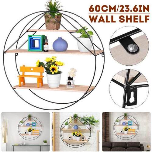 60cm Wooden Iron Wall Hanging Shelf Retro Round Office Sundr