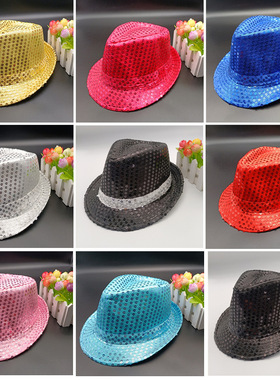 Kids Sequin Fedora Jazz Hat Adult Glitter Solid Color Dance