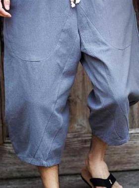 Male Cotton Linen Elastic Waist Jogging Pants Summer New Sol