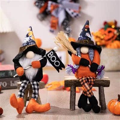 Halloween Witch Gnome Long Leg Holding Broom Flag Elf Dwarf