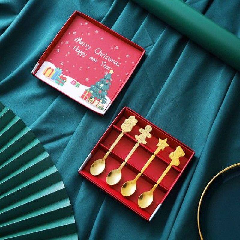 4 Buah Set Hadiah Sendok Kecil Kreatif Natal Sendok Baja - 实物图