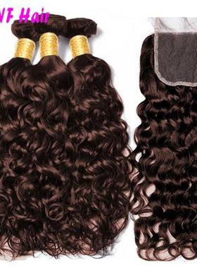 Water Wave Human Hair Bundles With Frontal #4 Chocolate Colo