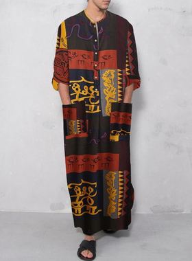 NewPrinting clothes for Men Thobe Cotton Pockets Robe 长衬衫