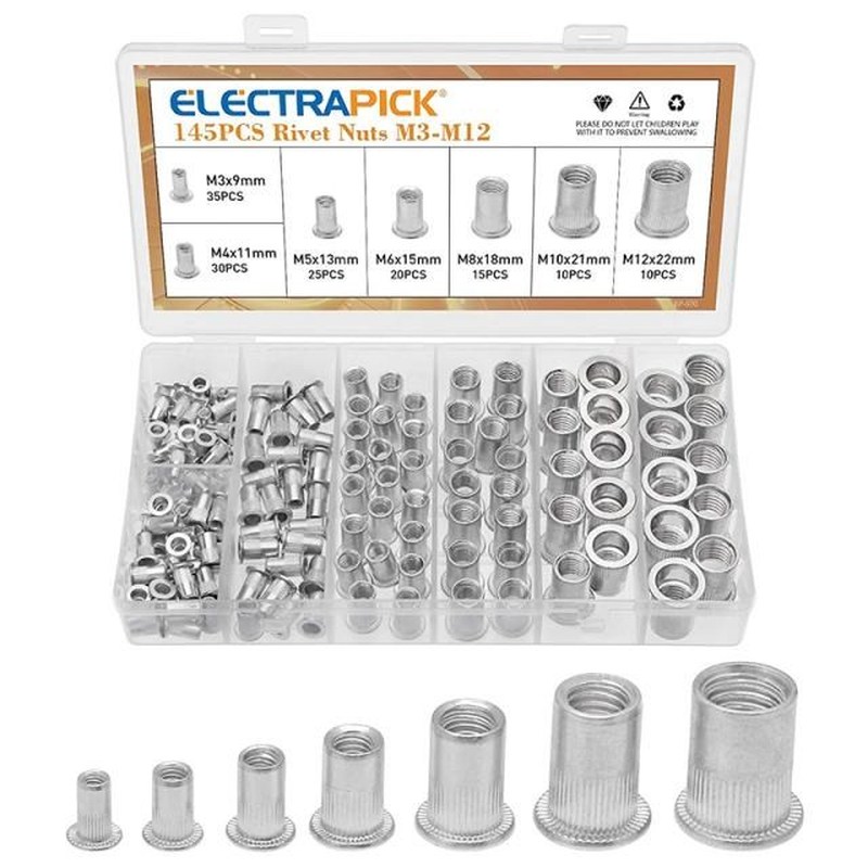 145Pcs Aluminum Rivet Nut M3 M4 M5 M6 M8 M10 M12 Blind Nuts