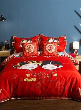Chinese style bedclothes soft 3D quilt cover red Jubilation