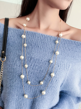 New Long Double Layer Simulated Pearl Necklace Women Sweater