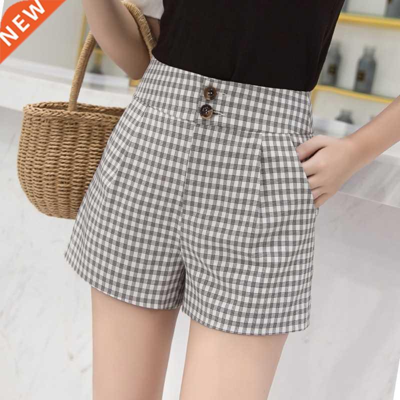 British style high waist plaid wide leg shorts female studen
