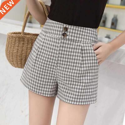 British style high waist plaid wide leg shorts female studen