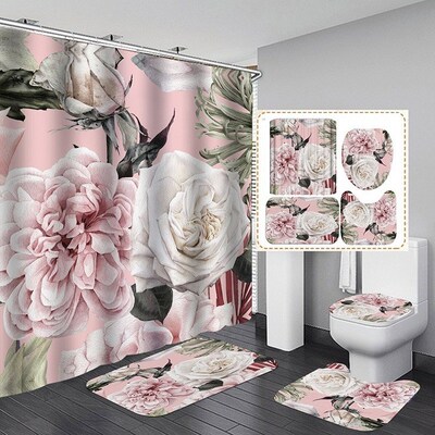 Big Flower Shower Curtain Mat Set with Carpet Bath Screen f