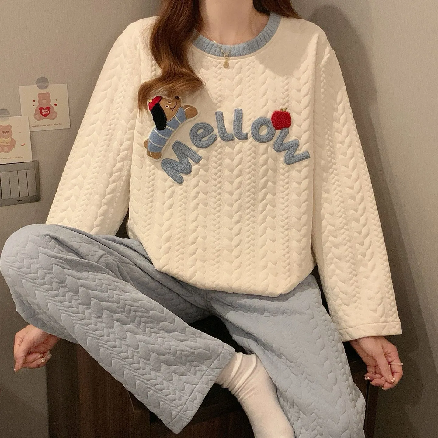 空气棉夹层睡衣女秋冬季加厚长袖套装可爱卡通腊肠狗家居服可外穿