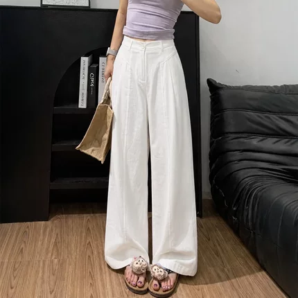 老钱风白色亚麻阔腿裤女夏薄款高腰垂感宽松休闲松弛感棉麻直筒裤