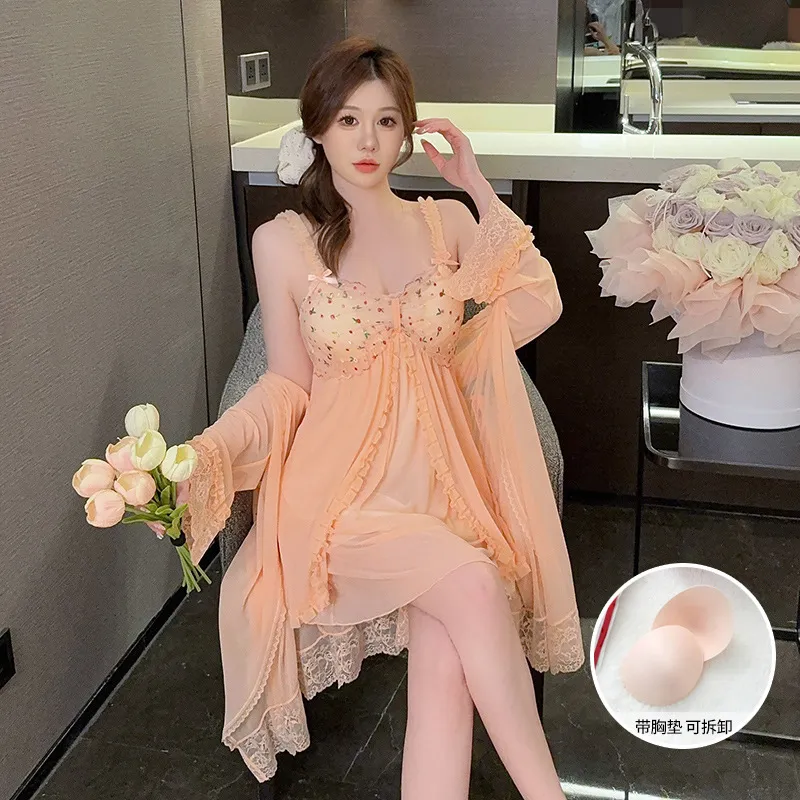 甜美宫廷风网纱睡衣女夏带胸垫