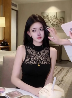 TZ7600设计感小众蕾丝拼接针织上衣女夏季修身显瘦纯欲无袖背心