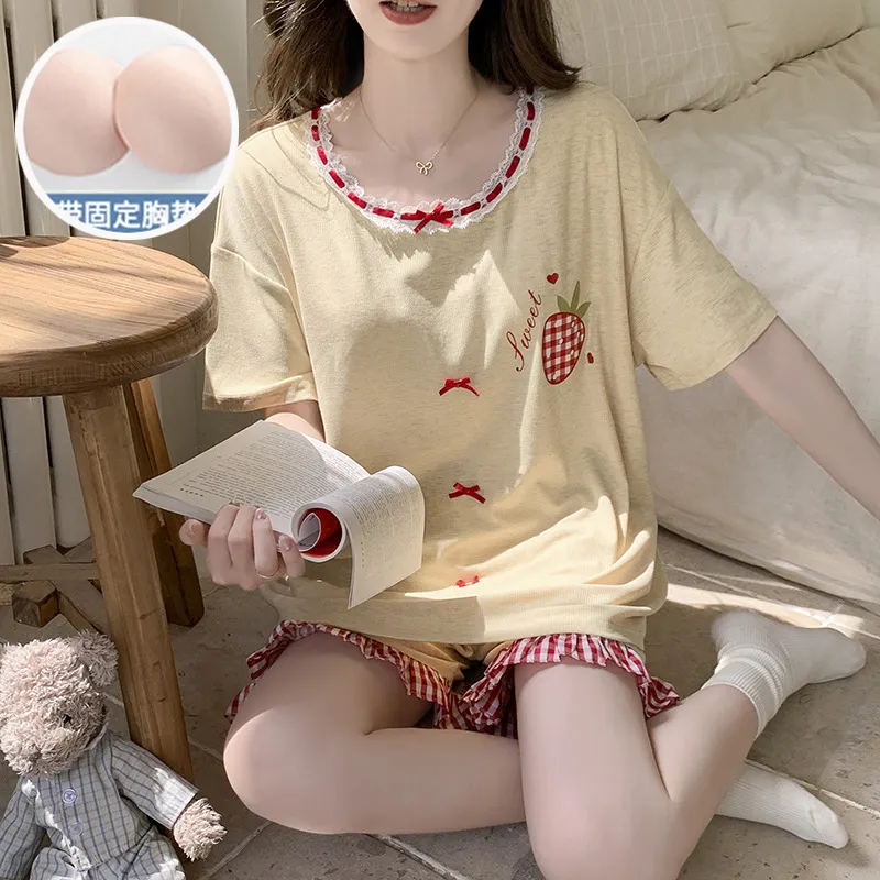 莫代尔睡衣女带胸垫夏季甜美ins