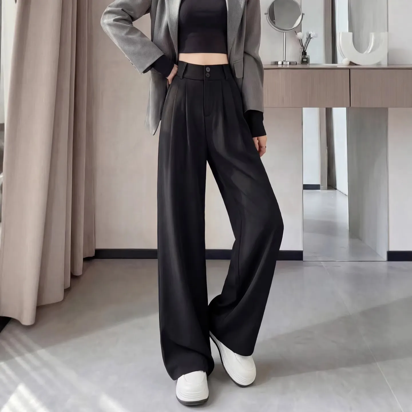 黑色西装裤子女2026新款春秋垂感高级感西裤直筒小个子窄版阔腿裤