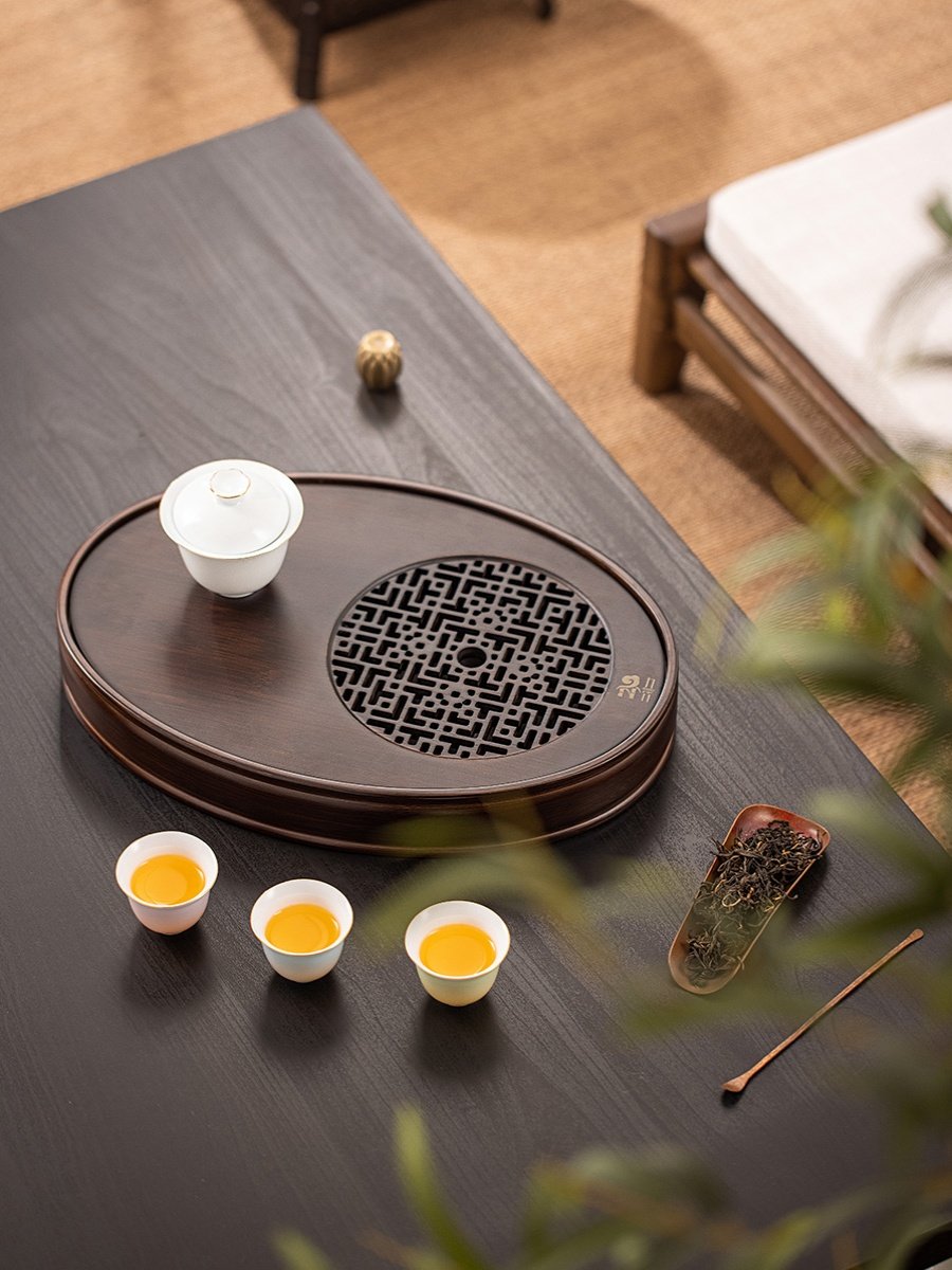 新品居友家茶盘实木干炮台小茶台储水式功夫家具家用椭圆形茶海新