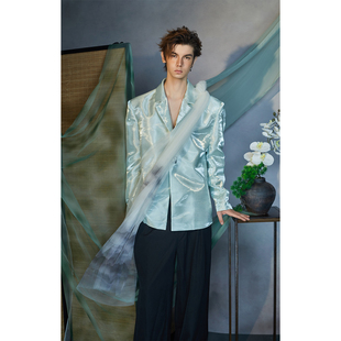 介尺JIECHI「月泊孤舟」新中式 高级感国风蓝色宽松休闲西服外套