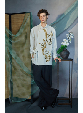 介尺JIECHI「穗岁竹下」新中式高级感白色不规则宽松长袖衬衫男女