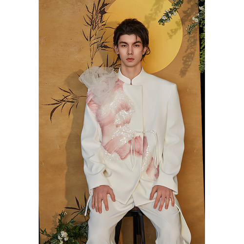 介尺JIECHI「琵鹭生冉」新中式盘扣休闲白色西服外套男高级感上衣