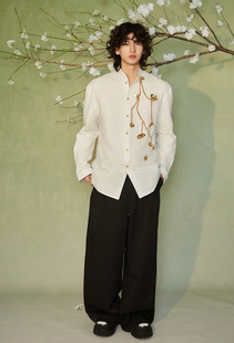 介尺JIECHI「金梅秋来」高级感休闲宽松牛津布白色宽松长袖 男 衬衫