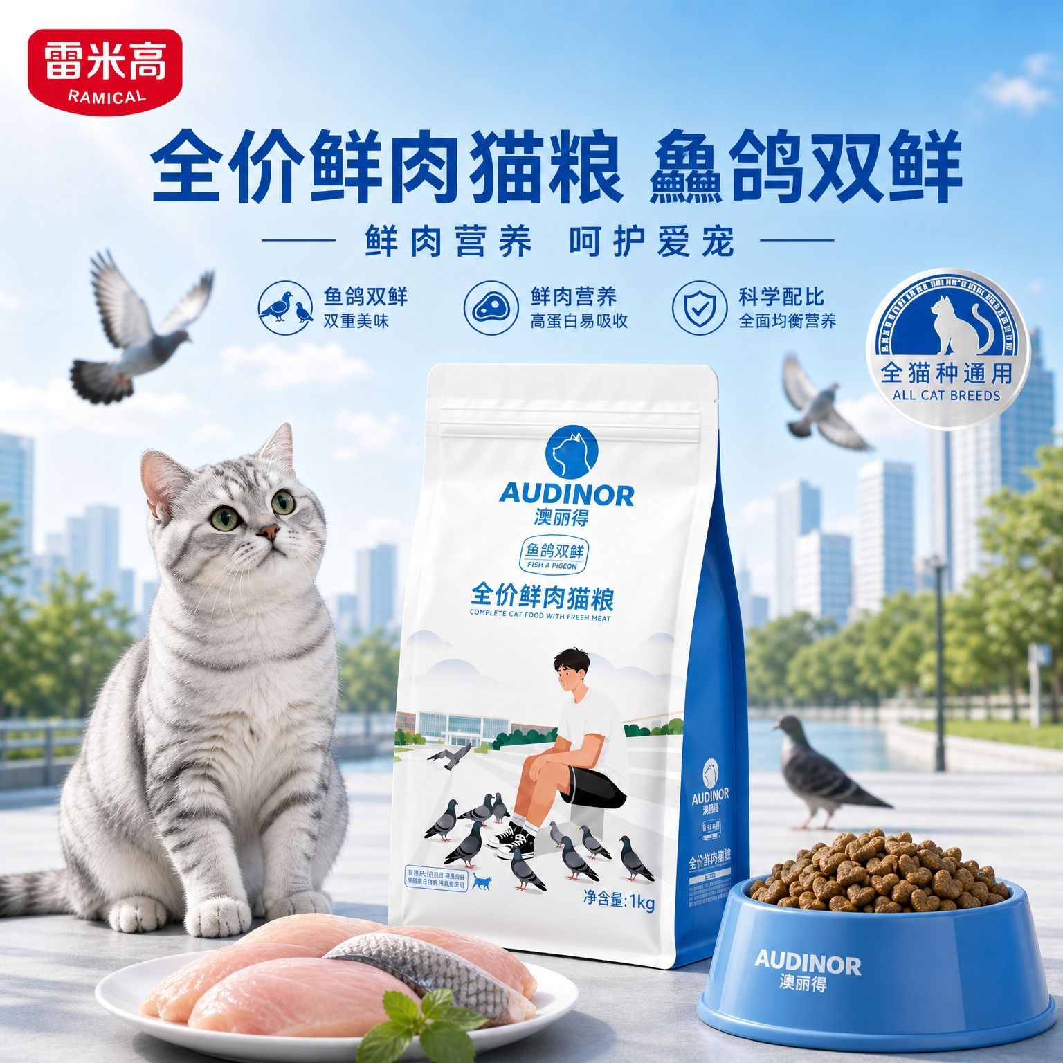 雷米高澳丽得全价鲜肉猫粮1kg鱼鸽双鲜英短布偶成猫幼猫粮