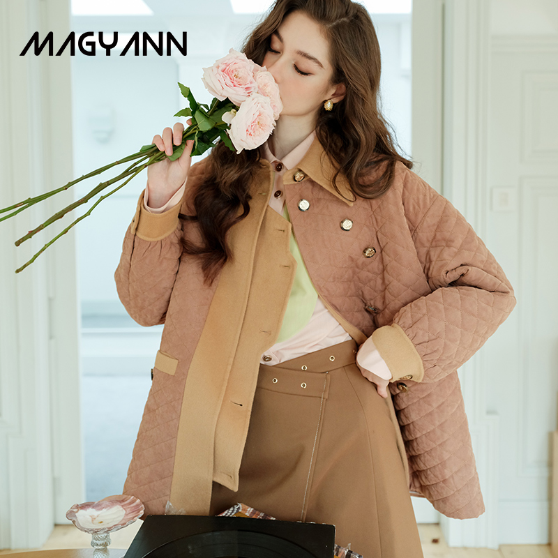 【沙丘】Magyann设计师原创通勤翻领纽扣菱格拼接设计感棉服棉衣