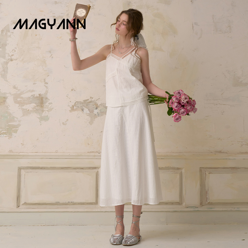 【白桔梗】Magyann设计师原创2025夏优雅气质蕾丝分割吊带上衣女