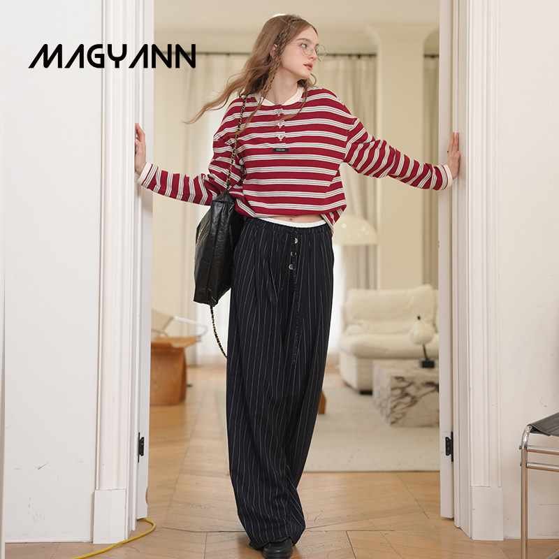 【垂序】Magyann设计师原创2026春条纹拼色松紧腰头长裤阔腿裤女,女装/女士精品,休闲裤,淘宝优惠券,粉丝福利购,淘宝优惠卷