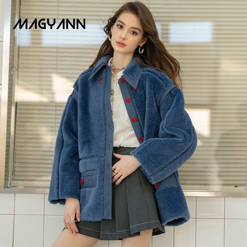 【波塞冬】Magyann2025冬设计师原创羊羔毛拼边压线皮毛一体外套