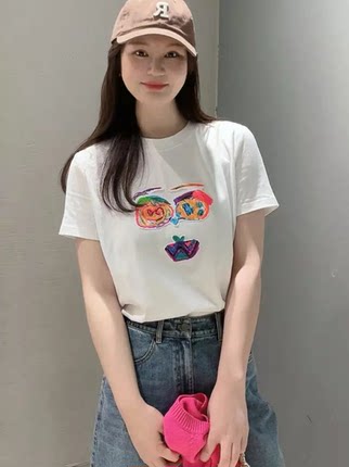 2026夏季新款圆领短袖印花纯棉T恤宽松休闲百搭减龄上衣女530082