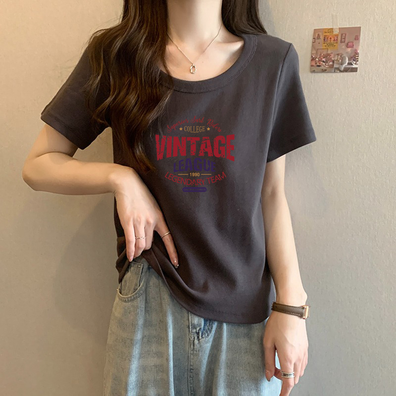 大码女装2026新款夏天深灰色纯棉U领显瘦宽松遮肚正肩短袖T恤上衣图片