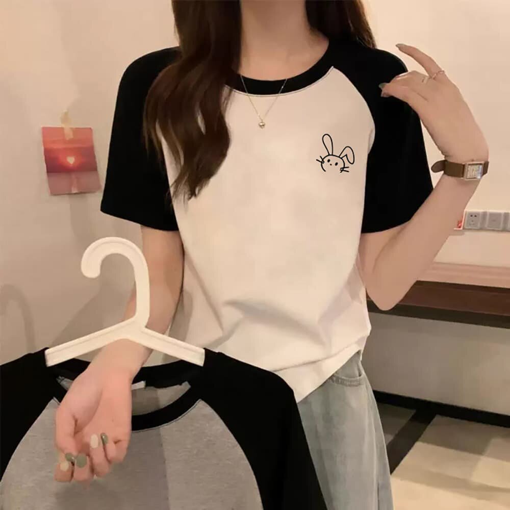 白色黑边插肩t恤女装高中生宽松2026新款初中生纯棉短袖大码上衣5