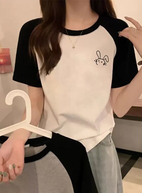 白色黑边插肩t恤女装高中生宽松2025新款初中生纯棉短袖大码上衣5