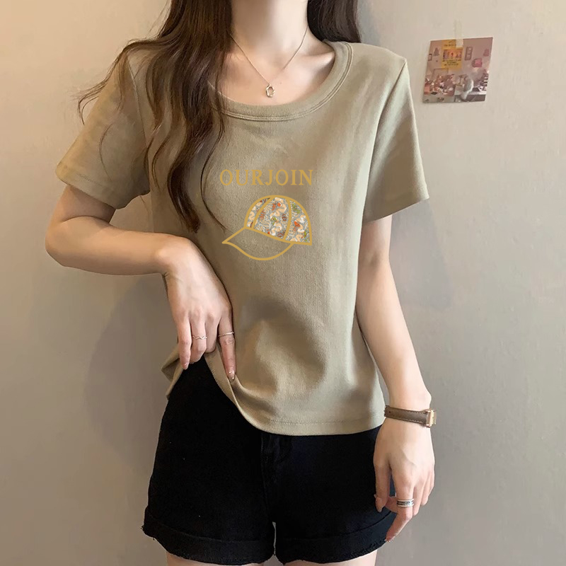 大码女装遮肚子显瘦U领短袖t恤打底衫夏季学生百搭纯棉正肩上衣潮
