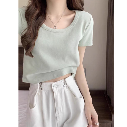 214纯棉短款修身短袖T恤女百搭低领口设计感纯甜辣正肩上衣