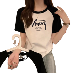 白色黑边插肩t恤女装高中生宽松2026新款初中生纯棉短袖大码上衣5