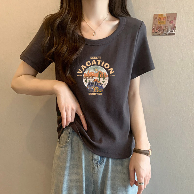 大码女装2026新款夏天深灰色纯棉U领显瘦宽松遮肚短袖T恤半袖上衣图片