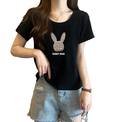 纯棉正肩黑色短袖t恤女夏季水滴U领宽松收腰显白性感减龄半袖上衣