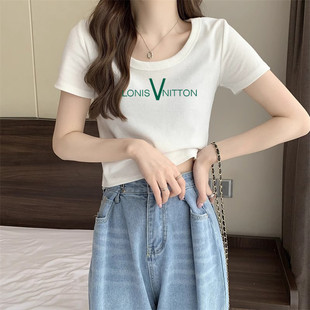 小个子上衣潮 小清新绿色多巴胺短袖 t恤女2025夏季 U领修身 显瘦短款
