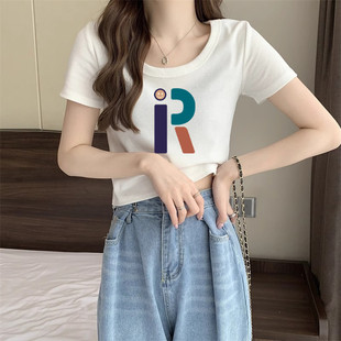 辣妹纯欲上衣 初夏u领t恤短袖 女2025新款 修身 纯棉百搭打底显瘦短款
