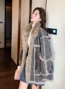 灰色覆古高级感麂皮绒皮毛一体羊羔毛外套女冬保暖小个子加厚大衣