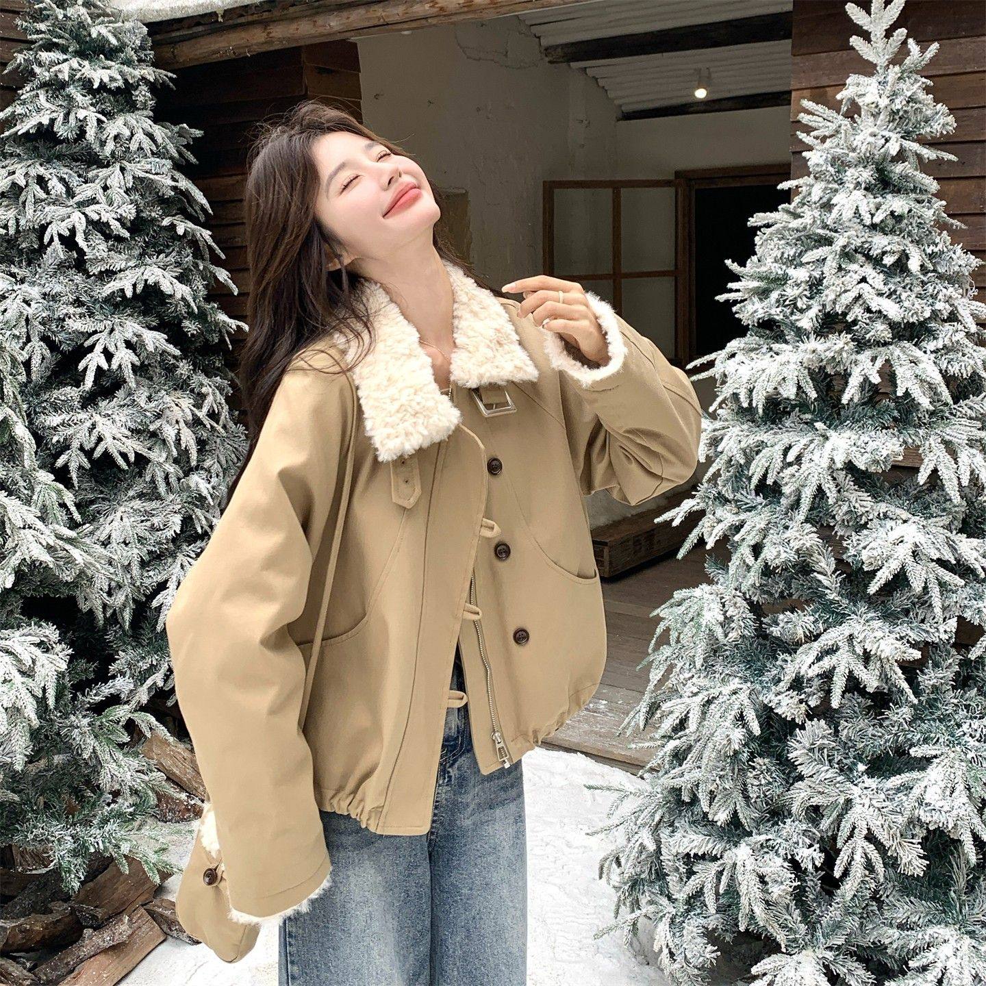 卡其色羊羔毛拼接工装风羽绒服女韩系冬季新款盐系设计感加厚外套