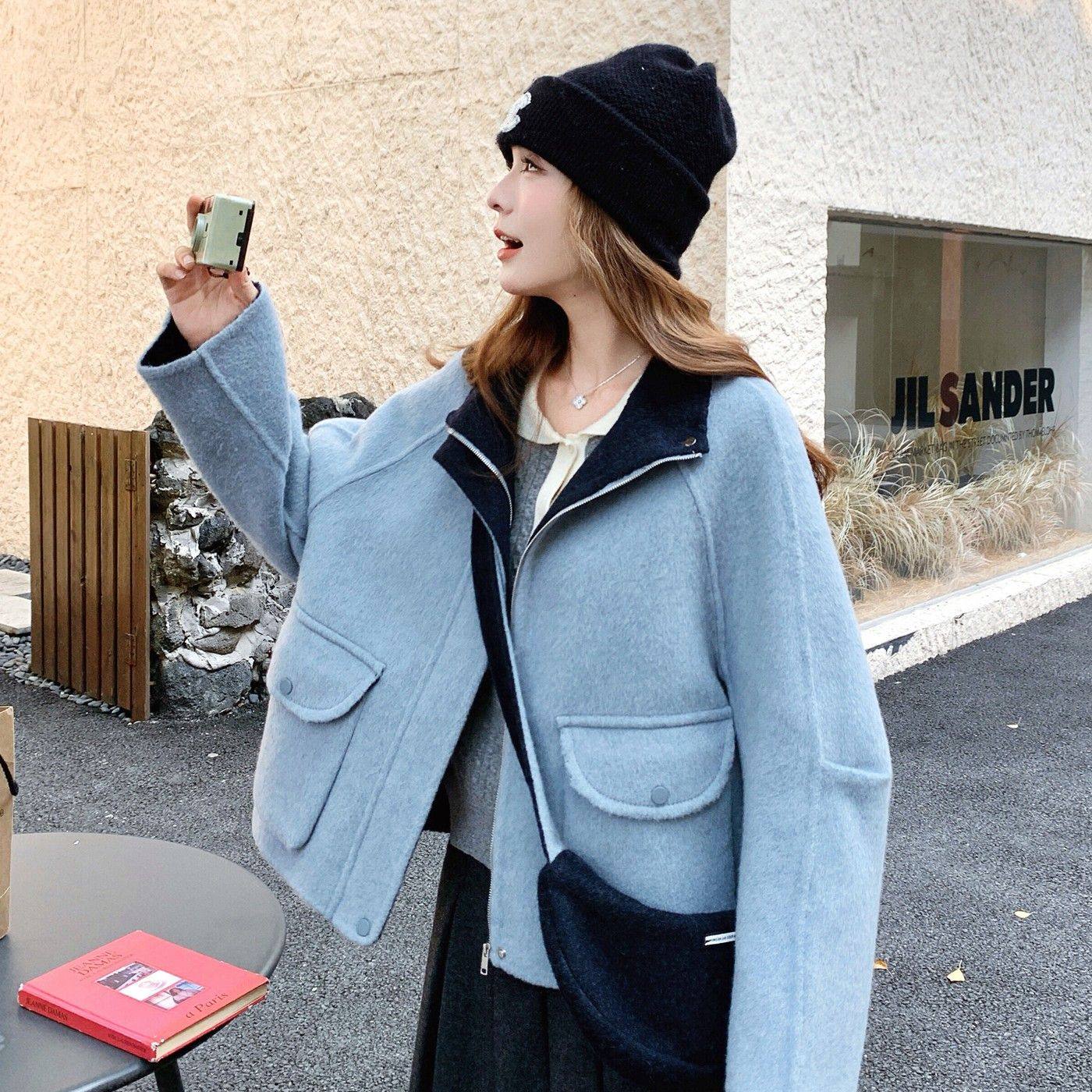 蓝色减龄羊毛双面毛呢外套女秋冬巨好看超火独特韩系小个子呢大衣