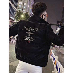 欧美冬季黑色羽绒棉服男蜜蜂刺绣帅气青年立领短款大码修身棉外套