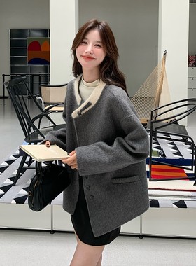 灰色无领高级感双面羊绒呢子大衣女2024冬季新款小个子毛呢短外套
