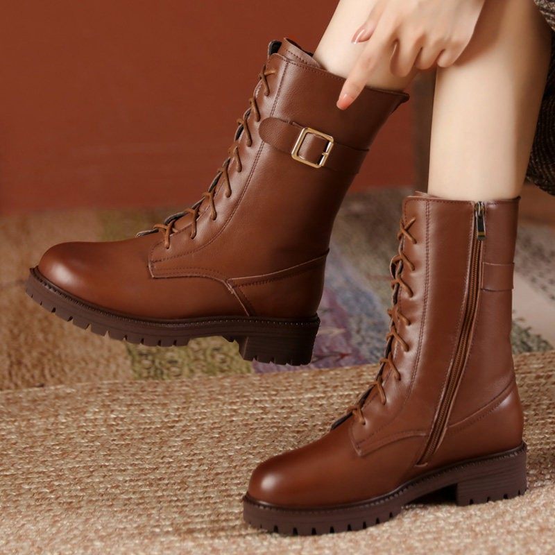 2024新款冬季平底马丁靴潮加绒棉鞋真皮大码中筒靴41一43休闲女靴,女鞋,时装靴,淘宝优惠券,粉丝福利购,淘宝优惠卷