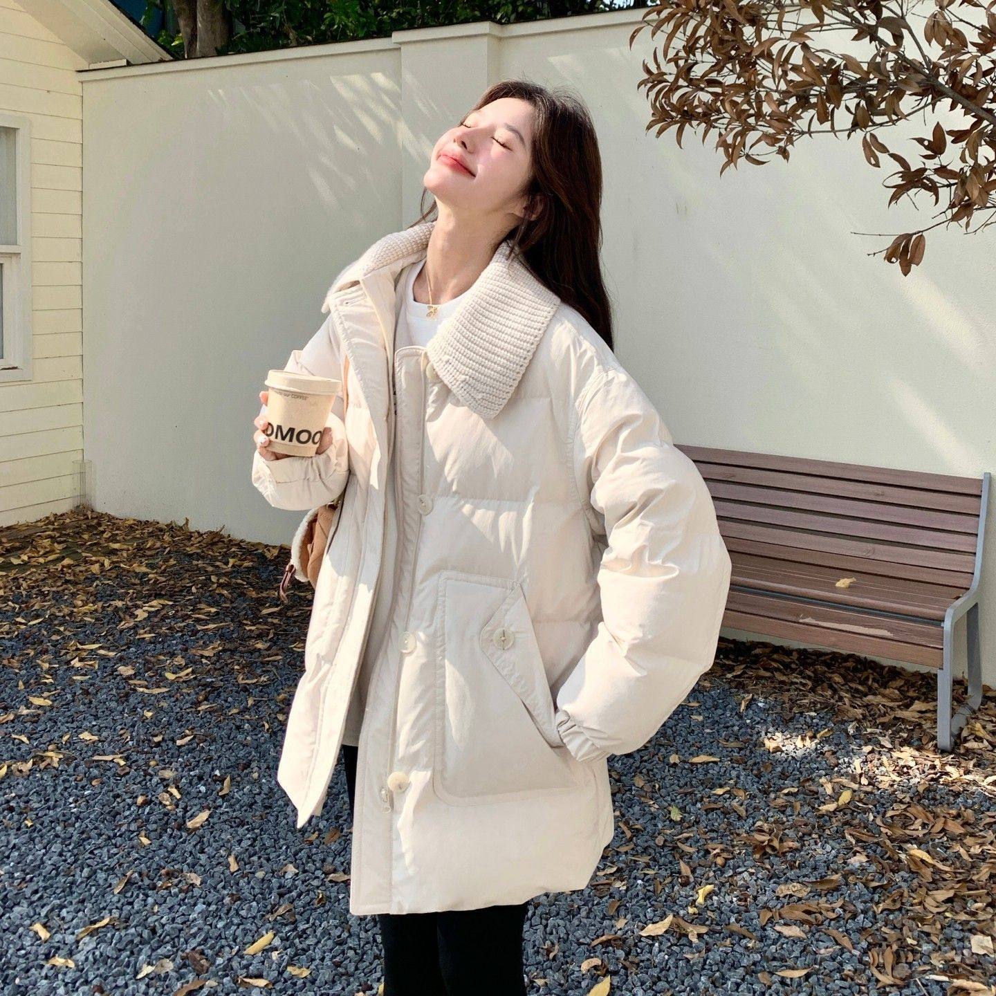 米白色针织拼接羽绒服女冬季小个子韩系显瘦加厚中长款白鸭绒外套,女装/女士精品,羽绒服,淘宝优惠券,粉丝福利购,淘宝优惠卷