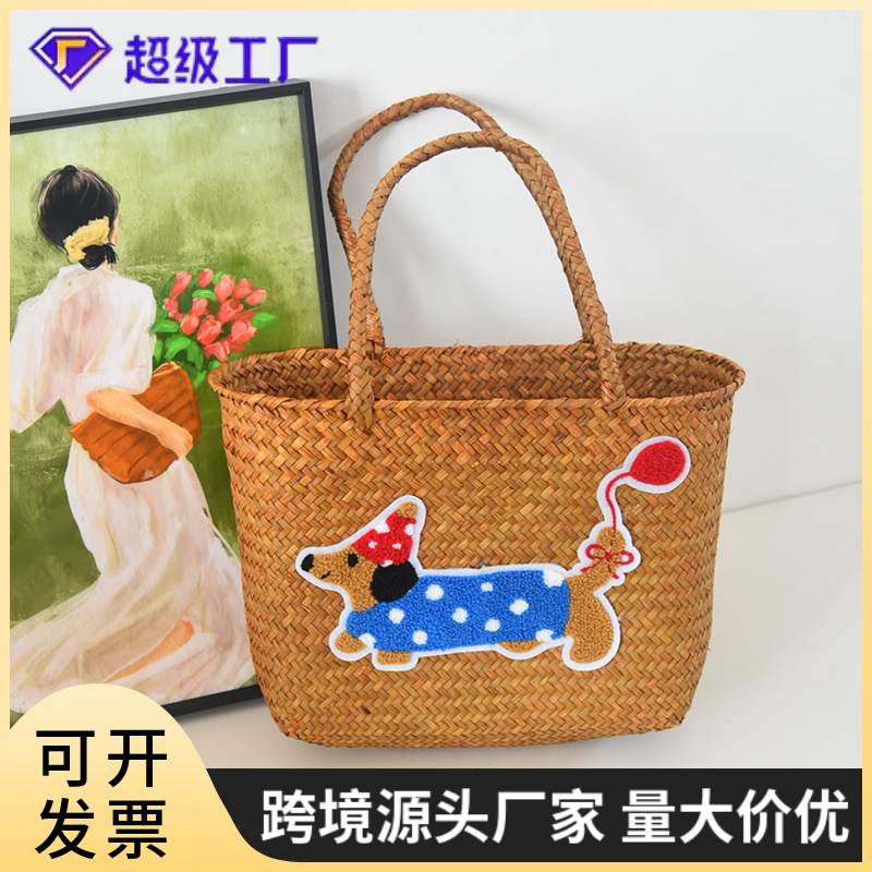 复古腊肠狗狗编织菜篮子新款女包蔬菜手提篮水果鸡蛋篮子