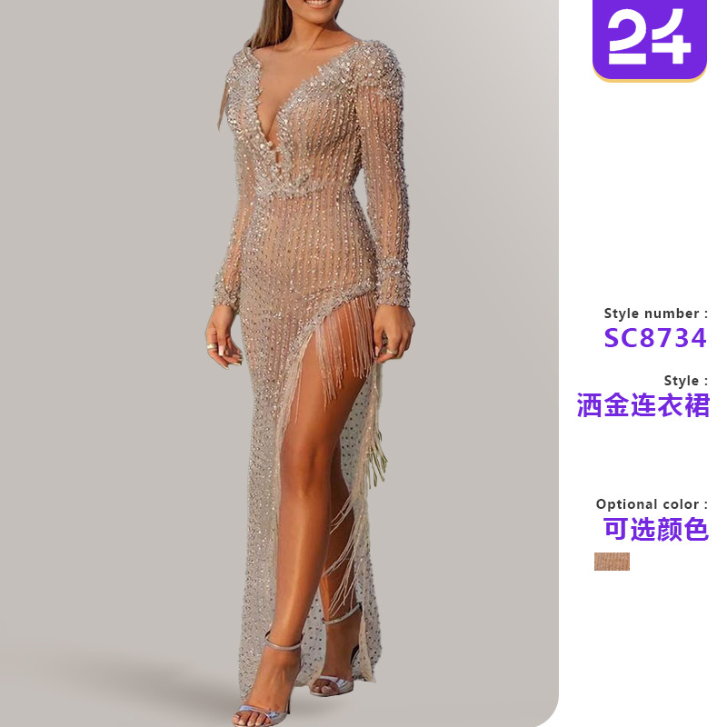 2025年新款欧美女装新烫金长袖修身性感长裙晚礼服新款