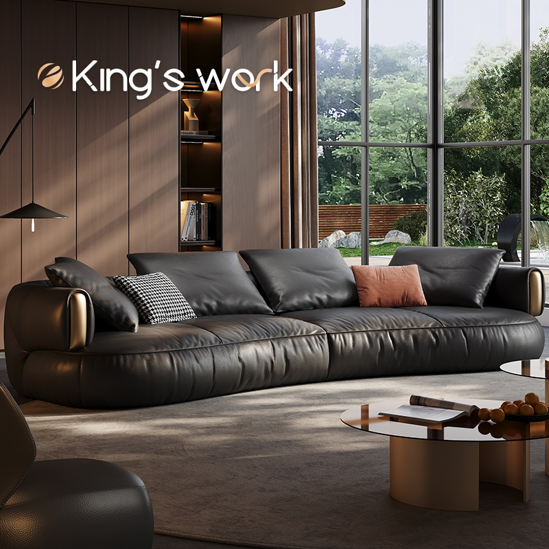黑色弧形头层真皮异形沙发
